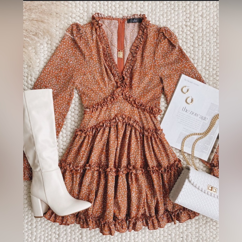 Lulus size L Admire You mini dress orange floral ruffled long sleeve v-neck